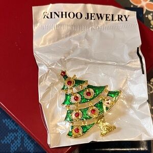 Festive Christmas Tree Brooch - Green and Gold